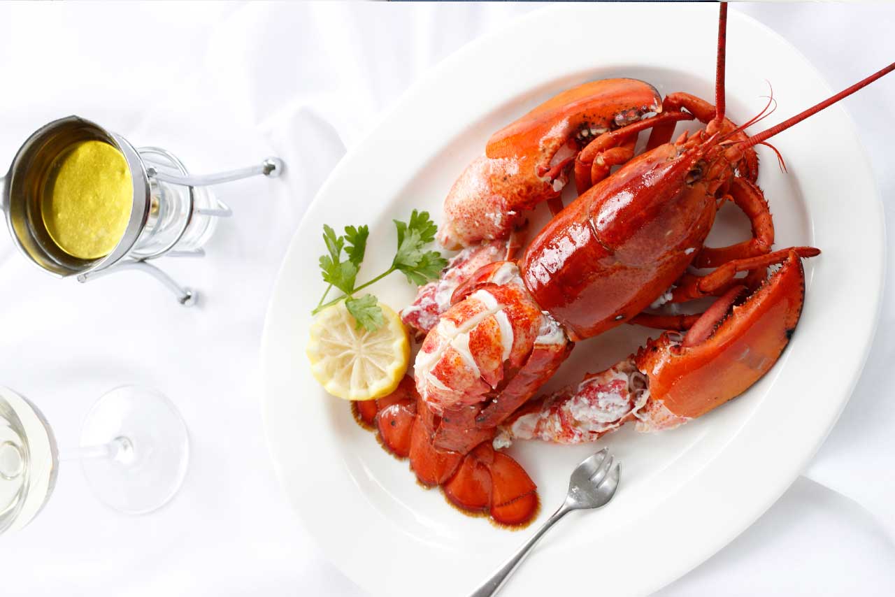 Whole Lobster on white plate with butter
